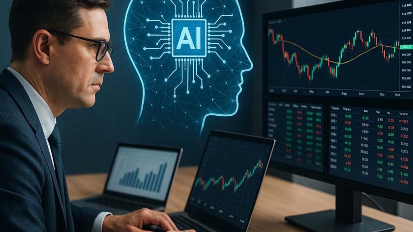 Uomo davanti a monitor finanziario