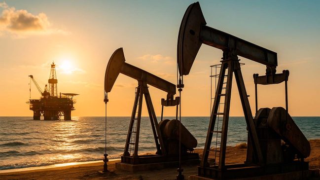 Piattaforma petrolifera al tramonto